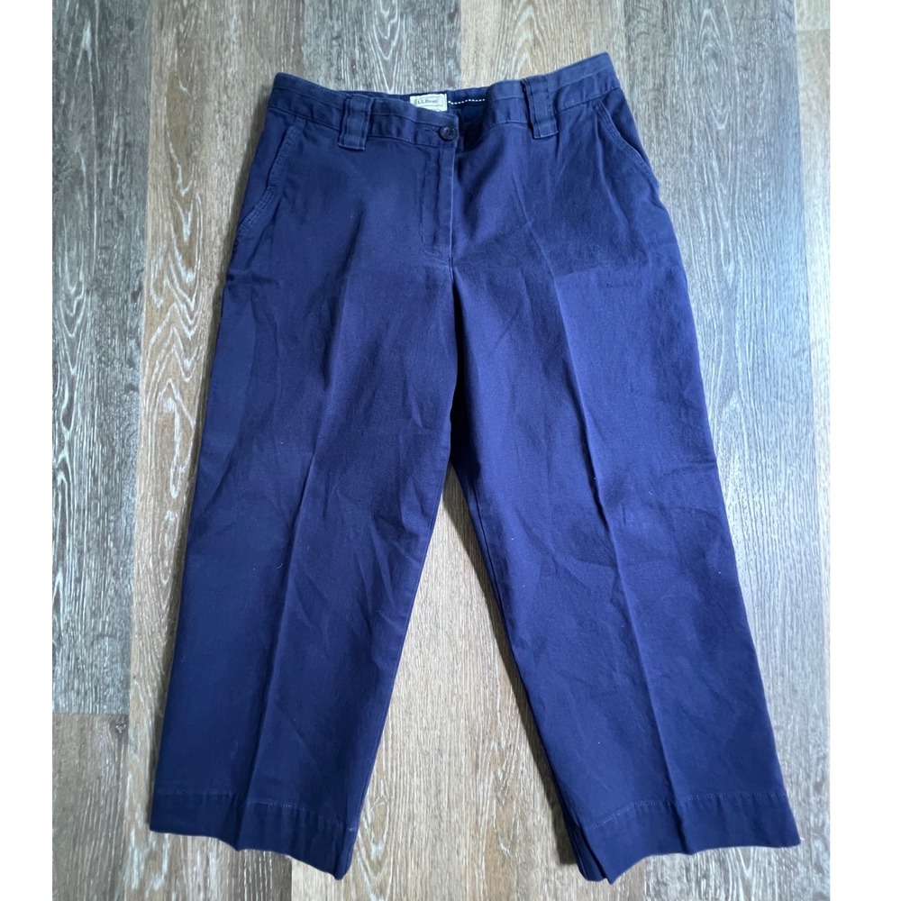 LL Bean Chino Pants Womens 10 Navy Blue Cropped Straight Leg Stretch 0FXF1
